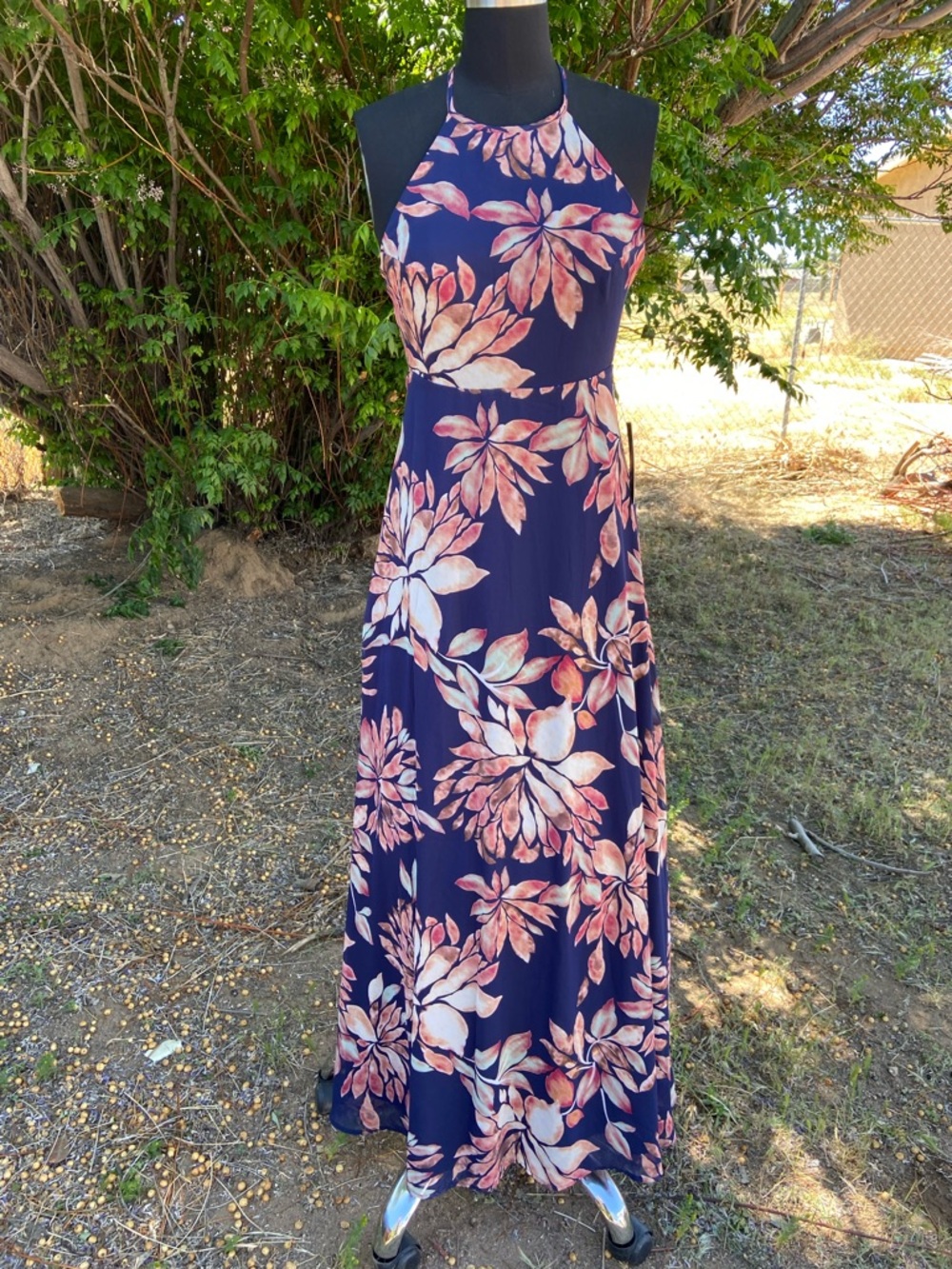 Lulu's Navy Halter Maxi Dress with Pink Floral Print